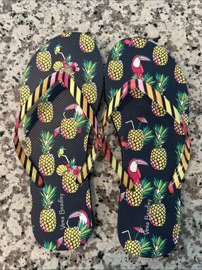 Vera Bradley Tropical Pineapple & Toucan Flip Flops - Navy, Yellow, Pink